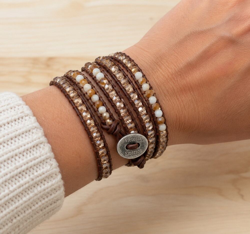 Victoria Emerson Crystal Wrap Bracelet Brown Cord Ombre Crystals Boho